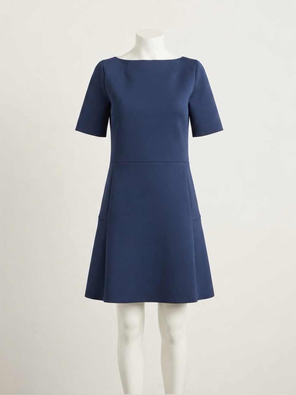 Etienne Aigner Navy Blue Short Sleeve A-Line Dress Boat Neck Gold Zip Size 8